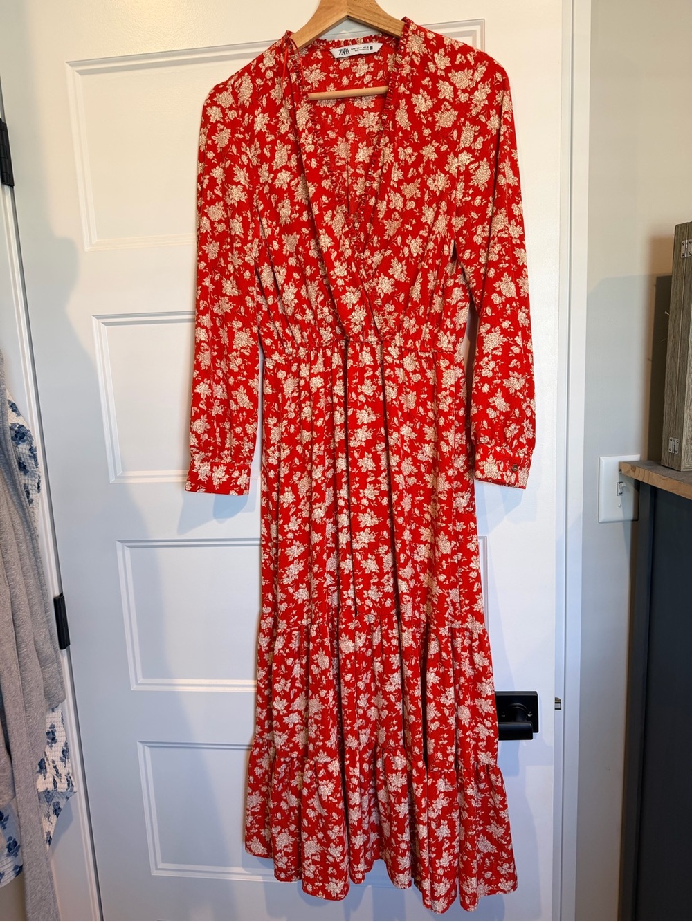 Zara red floral wrap-style maxi dress with cream print